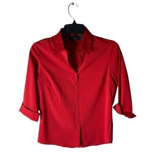 At Last Stretch Blouse Women's Size Medium Button Front 3/4 Sleeves Shirt